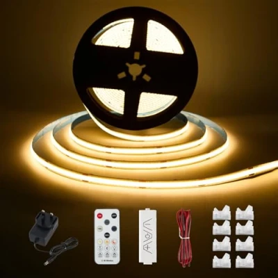 Image of Enteenly COB LED Strip Warm White 5 Meters, Under Cabinet Light Kit with RF Remote Control for Display Case, Kitchen, Desk, Shelf, Cupboard, 24V EU Adapter, 2700K