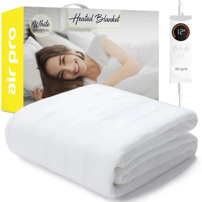 Image of Air Pro Electric Blanket Fully Fitted Mattress Cover With Elastic Straps Premium Fleece Easy Fit Heated Detachable Controller &amp; Machine Washable Single 90x190cm