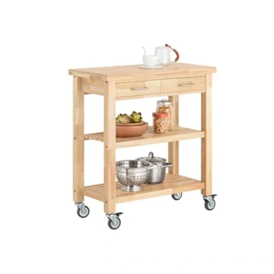 Image of SoBuy Rubber Wood Kitchen Storage Trolley Mobile Shelf with 2 Drawers Shelves, FKW24 N