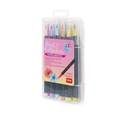 Image of Legami Set of 12 Brush Markers Markers, Flexible Tip in Nylon Fibre, Pastel Colours, Fluid Strokes and Variable Widths, Marker Diameter 1 cm