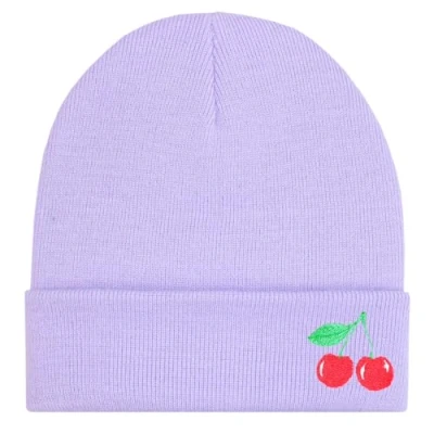 Image of TeddyT&#039;s Ladies&#039;s Cherries Embroidered Luxury Soft Rib Beanie Hat (Lilac)