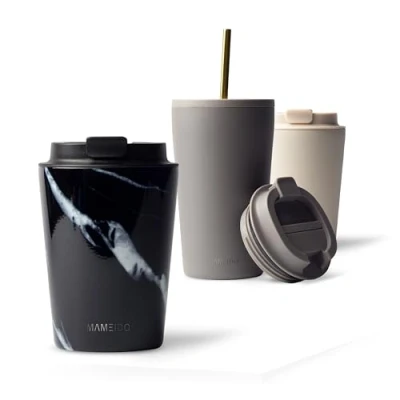 Image of MAMEIDO Coffee Cup Travel Mug 350ml, 470ml &amp; 700ml Leakproof Mug, Stainless Steel Mugs for Hot Drinks BPA Free (Black Marble, 0,35l)