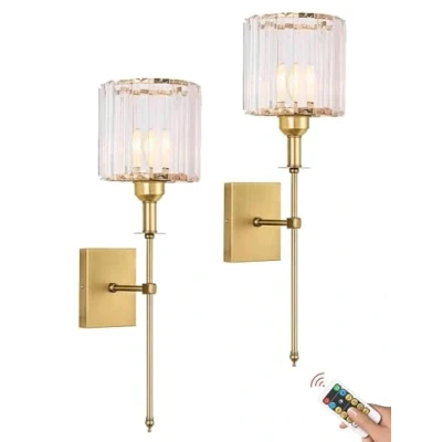 Image of Extra Long Wall Sconces Lighting Battery Operated Set of Two,Non Hardwired Rechargeable Lights with Remote,Modern Gold Crystal Lamp Fixture Indoor Decor for Bedroom Bathroom Living Room(Gold