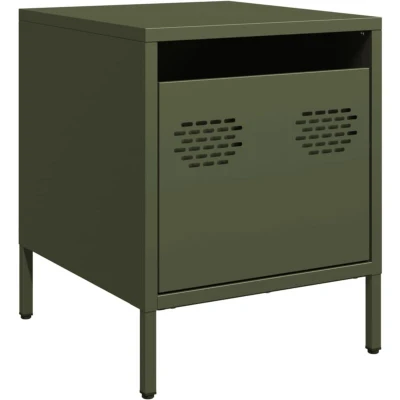 Image of vidaXL Olive Green Steel Bedside Cabinet Nightstand/Table Industrial Style, Metal Feet, 1 Drawer, 35x39x43.5 cm Bedroom/Office/Living Room Use