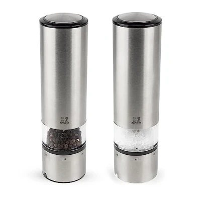 Image of Peugeot Elis Sense u&#039;Select Electric Salt and Pepper Mill Set Adjustable Grinders Battery Powered, Blue LED Light, Stainless Steel, 20 cm