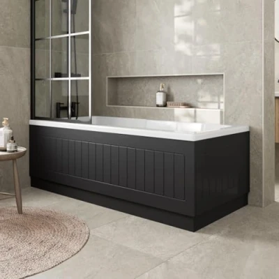 Image of Affine® Tongue &amp; Groove 1700 Side Front Panel 700mm End MDF Bath 15mm, Modern Wooden Panels for Bathroom Baths Soaking Tubs, Adjustable Plinth, Easy to Cut, Black Gloss