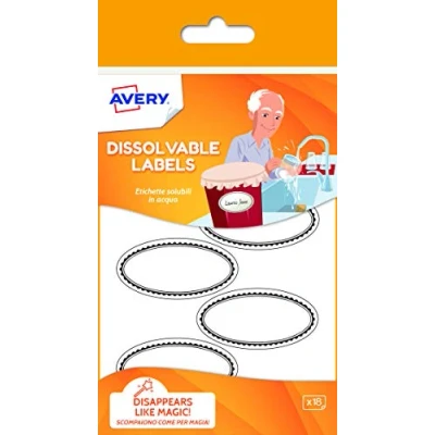 Image of Avery Dissolvable, Wash off Labels, 55 x 29 mm, 18 Labels Per Pack, White (with Black Decorative Edging)