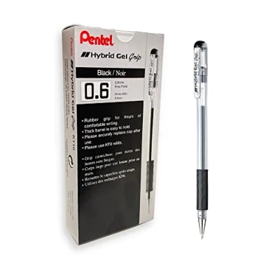 Image of Pentel Hybrid Gel Grip Rollerball Pen 0.6mm Tip 0.3mm Line Black Ref K116 AE [Pack of 12]