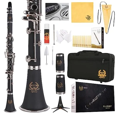 Image of Rhythm Bb Clarinet 17 Nickel keys Woodwind Band &amp; Orchestra Musical Instruments for Beginners Includes Case, Stand, 10 Reeds and Cleaning Kit Black/Silver