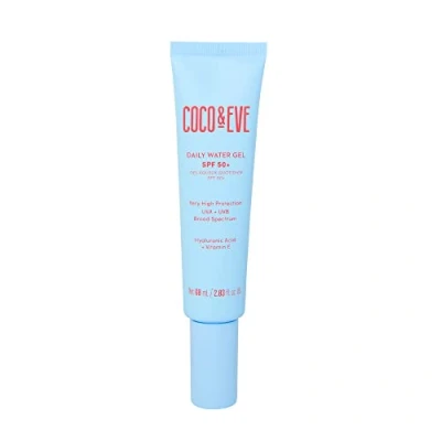 Image of Coco &amp; Eve Daily Water Gel SPF 50+ Sunscreen Sun Face Protection Against UVA UVB Australian Made, Hydrating, Lightweight Facial Suncream Hyaluronic Acid, Aloe Vera, Glycerin for Smooth Finish