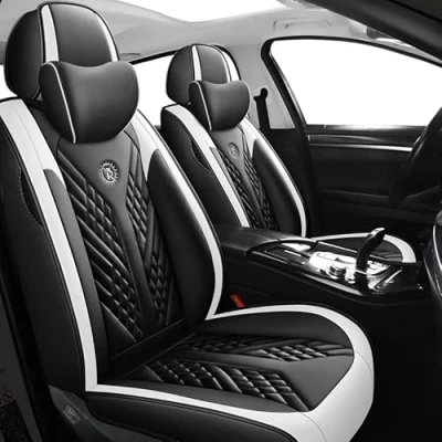 Image of RWTECH Car Seat Covers Universal Full Set Accessories for Nissan Juke/Qashqai/Maxima/Micra/Murrano/Pathfinder Waterproof Leather、Black white luxury