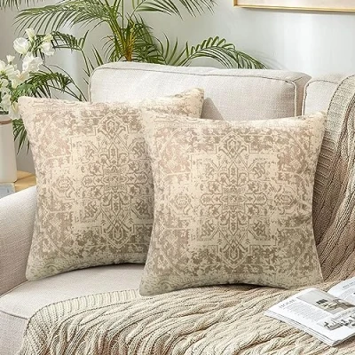 Image of Chicamy Set of 2 Bohemian Cushion Covers, 45 x cm, Double Sided Indian Boho Abstract Linen Beige Cover, Square Decorative Outdoor Covers for Sofa, Bedroom