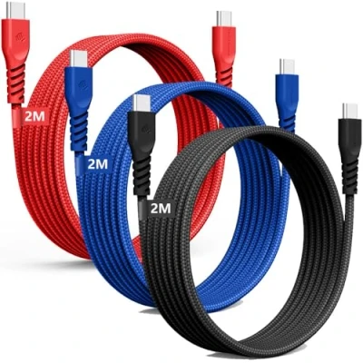 Image of USB C to Long Charger Cable 60W (3 Pack 2M) STRONG Braided Fast Charging Type Data Lead Compatible with iPhone 15, iPad Pro 2022, MacBook Pro, Samsung S24/S23/S22/A14/A54, Switch
