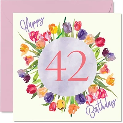 Image of Beautiful 42nd Birthday Cards for Women Watercolour Tulips Flowers Bouquet Happy Card Her Mum Auntie Sister Friend Gifts, 145mm x Lovely Floral Greeting Gift