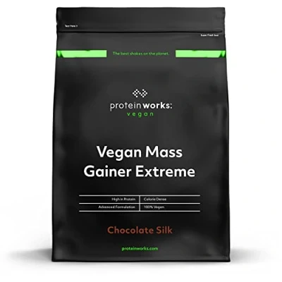 Image of Protein Works Vegan Mass Gainer Extreme High Calorie Powder Weight Vitamins &amp; Minerals 10 Shakes Chocolate Silk 2kg