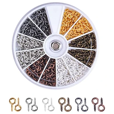 Image of 600 Pcs Small Screw Eye Pins Hooks, Hooks Eyelets Threaded, Metal in Mini Mixed Color Eyepins for Jewelry Making Findings DIY Crafts Projects, 4 x 8mm