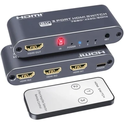 Image of 3 in 1 out HDMI Switch 8K 60Hz/4K 120Hz, Port Switcher with IR Remote Control, Compatible PC, Xbox, HD Players, Blu Ray etc.
