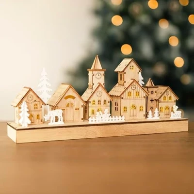 Image of Marco Paul Wooden Christmas Village Scene Light Up Ornament Freestanding Xmas Decoration Indoor Festive House Traditional Novelty (30cm Scene)