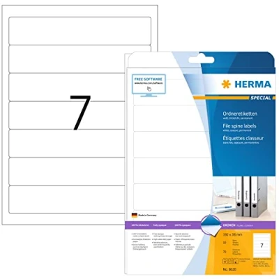 Image of HERMA Self Adhesive Spine Labels, 7 Labels per A4 Sheet, 10 Sheets, 192 x 38 mm, 70 Blank Lever Arch File Folder Stickers, Sticky for Laser &amp; Inkjet Printer, White