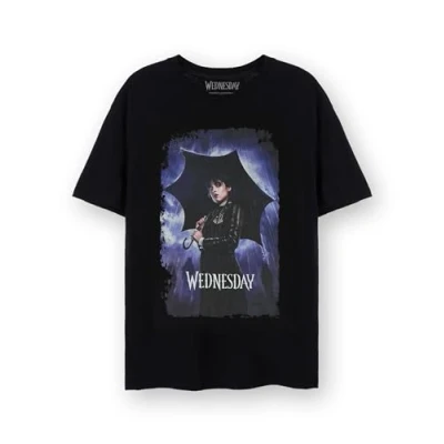 Image of Wednesday Womens T Shirt Ladies &amp; Teens Addams Umbrella Distressed Graphic Tee in Black Netflix Series Merchandise Adults Girls Short Sleeve Top The Family Apparel Gift