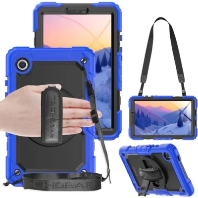Image of TECHGEAR UTILITY Case fits Samsung Galaxy Tab A9 8.7&quot; (SM X110 / SM X115) Tough Rugged HEAVY DUTY Armour Shockproof Impact with 360 Rotating Stand, Hand Strap and Shoulder Blue