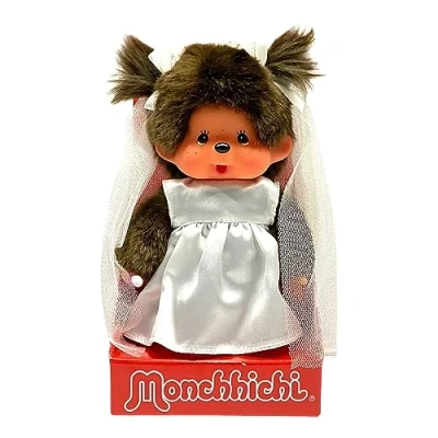 Image of Sekiguchi 244058 Original Monchhichi Girl&#039;s Plush Toy with Wedding Dress and Bows, Approx. 20 cm Cuddly Made of Brown