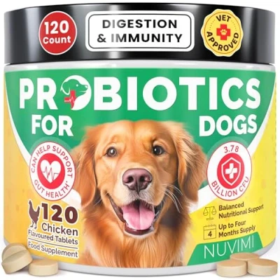 Image of Probiotics for Dogs, 120 Chicken Flavour Dog Probiotic &amp; Prebiotic Tablets, Immune Boost Digestive Support Upset Tummy, Loose Stools Bloating, 1 4 Month Supply by Nuvimi