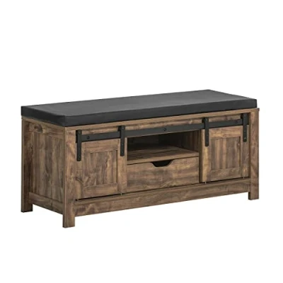 Image of SoBuy FSR118 N, Hallway Shoe Bench Cabinet Rack with 2 Sliding Doors, Storage Removable Seat Cushion