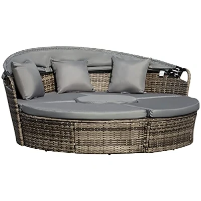Image of Outsunny PE Rattan Lounge Set, 5 Pieces Patio Conversation Furniture Garden Round Sofa Bed with Cushion and Retractable Canopy, Dark Grey