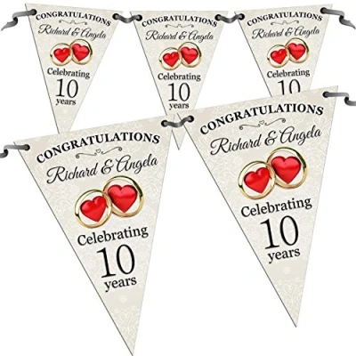 Image of Personalised Wedding Anniversary Flag Banner Bunting N10 10 Flags inc ribbon Hanging Decoration. Any Year 1st 2nd 3rd 5th 10th