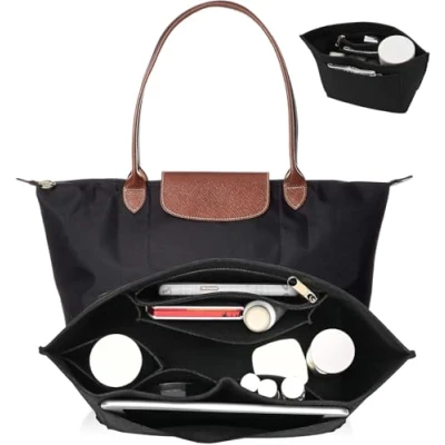 Image of UMIUP Purse Organiser, Multi Pocket Felt Handbag Folding Tote Bag Organiser Insert for Wallet Longchamp (Black, Medium)