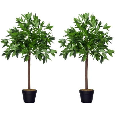 Image of Outsunny Set of 2 90cm/3FT Artificial Bay Laurel Topiary Fake Tree w/Pot Indoor Outdoor