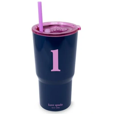 Image of kate spade new york 20 Ounce Insulated Initial Tumbler for Cold and Hot Drinks with Reusable Straw, Stainless Steel Travel Cup Slide Top Lid (L)
