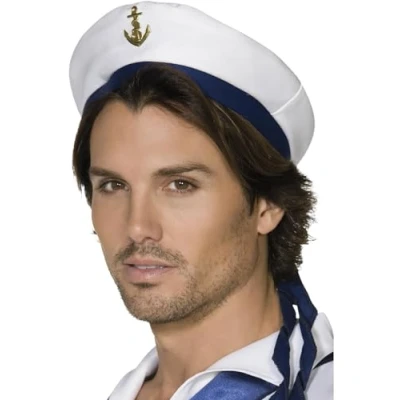 Image of Smiffys Sailor Hat, White with Blue Band and Gold Anchor, Land, Sea Air Forces Fancy Dress, Troops Dress Up Hats