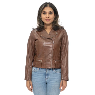 Image of Infinity Leather Womens Biker Jacket Stockholm Brown Size 10 UK