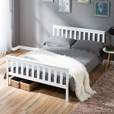 Image of Merax 4ft6 Double Bed, Space saving and Elegant, 13 Thickened Slats, 3 Middle Supporting Legs, Solid Wooden Bed Frame with Headboard Footboard for Adults, Kids Teenagers, 135x190cm, White