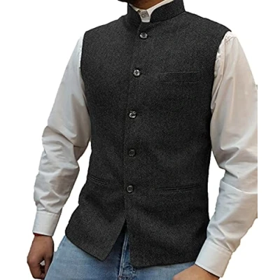 Image of HSLS Mens Herringbone Wool Vests Suit Business Tweed High Collar Waistcoats Slim Fit(Large, Black)