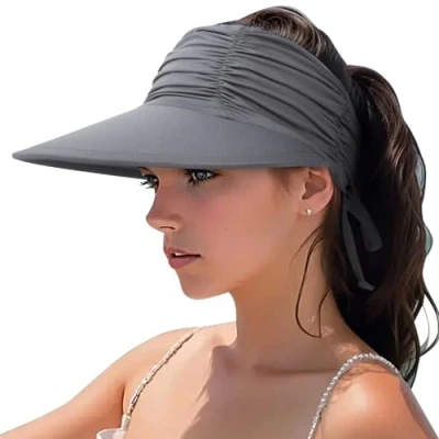 Image of DRESHOW Women Visor Sun Hat Wide Brim Adjustable Foldable Ponytail Beach Summer UV Protection Outdoor Cap UPF 50+