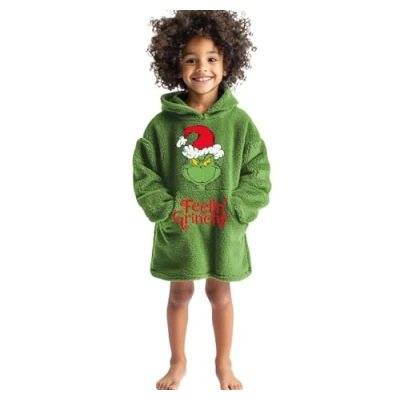 Image of The Grinch Hooded Oversized Blanket for Adults and Kids One Size Unisex Gift Men Women Soft Wearable (Kids Size)