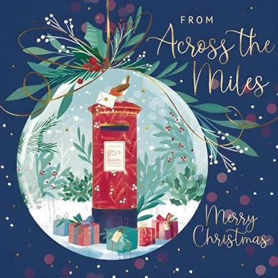 Image of Across the Miles Christmas Card Special Finish Contemporary Festive Design Robin and Post Box Made in UK Eco Friendly