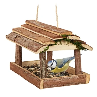 Image of Relaxdays Hanging Bird Table, with Tree Bark and Moss, Wooden Birdhouse, HxWxD: 19x21x23 cm, Feeder, Natural, Wood