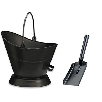 Image of Heavy Duty Metal Fireside Waterloo Bucket Fireplace Hod Scuttle Coal Fuel Ash Wood Log Storage Option with Shovel and Poker (Black + Shovel)