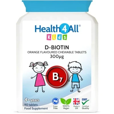 Image of Health4All Kids D Biotin 90 Tablets Hair Growth and Strong Nails Supplement for Children. Natural Vegan Chewable