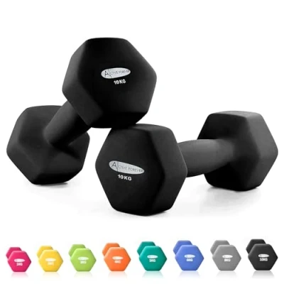 Image of ACTIVE FOREVER Dumbbells 2x10kg, Set of 2, Hex Pair, Neoprene Waterproof Non slip Dumbells (Black)