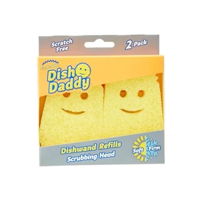 Image of Scrub Daddy Dish Wand Scrubbing Brush Replacement Heads, Soap Dispensing Brushes, Texture Changing Washing Up Sponges, Detachable Head Sponge Refills, Yellow 2 Pack