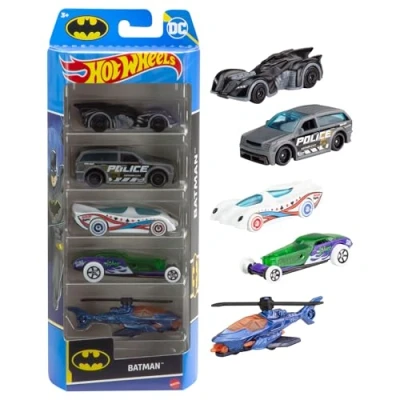 Image of Hot Wheels 1:64 Scale Toy Cars, Set of 5 Batman Themed Vehicles, HXD61