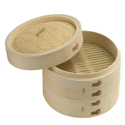 Image of Kasabona 2 Tier Bamboo Steamer Set Premium Handmade Organic for Healthy Steaming Cooking with Lid Ideal Dim Sum, Dumplings, Buns, Vegetables, Fish, and Meat (10 Inches diameters)