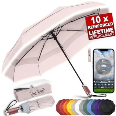 Image of Royal Walk Windproof Folding Travel Umbrella Compact and Strong Luxurious Real Wood Handle Automatic Open Close Vented Double Canopy for Men Women (Beige)