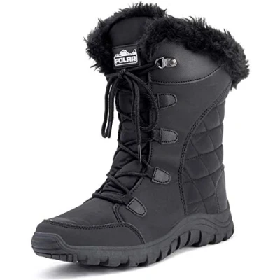 Image of Polar Womens Quilted Lace Up Waterproof Black Outdoor Cuff Snow Rain Duck Boot 3 BLK36 YC0129