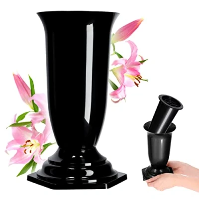 Image of KADAX Grave Vase, Plastic Memorial Weatherproof Flower Holder for Cemetery, Graveside Ornament Artificial Flowers (29 cm, Black)